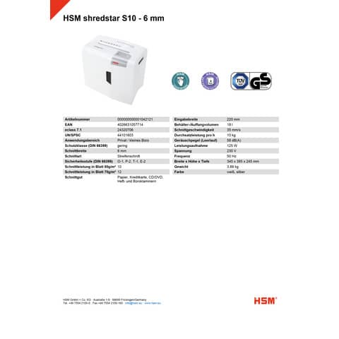 Distruggidocumenti uso moderato HSM Shredstar S10 - P-2 - 18 L - taglio a strisce 6 mm - bianco/argento - 1042121